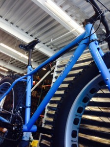 The Surly Ice Cream Truck has a slacker angle and giant tires.   26 by 5 in front and rear on the stock build.  