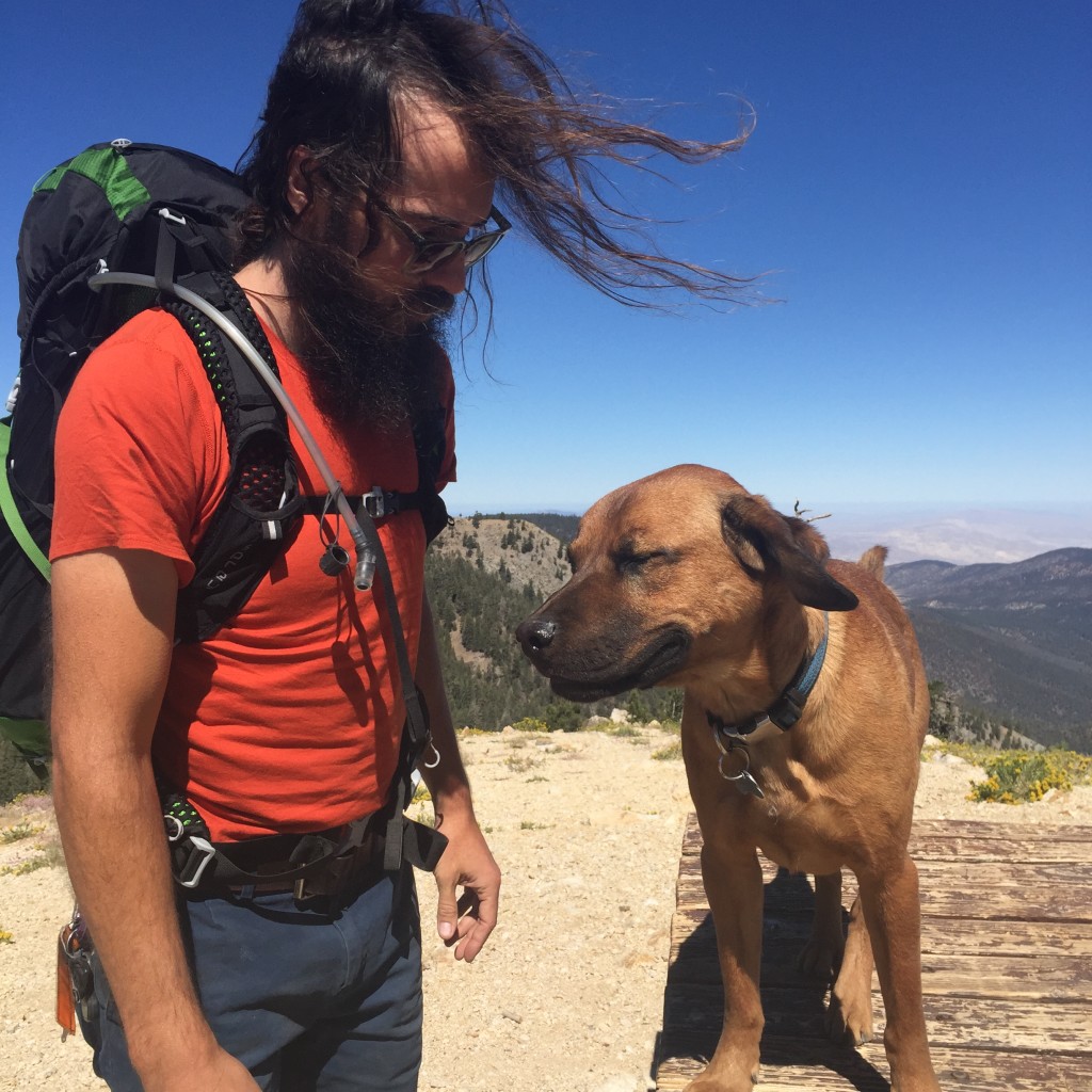 Jay and Rover in the wind at the top of Mount Pinos