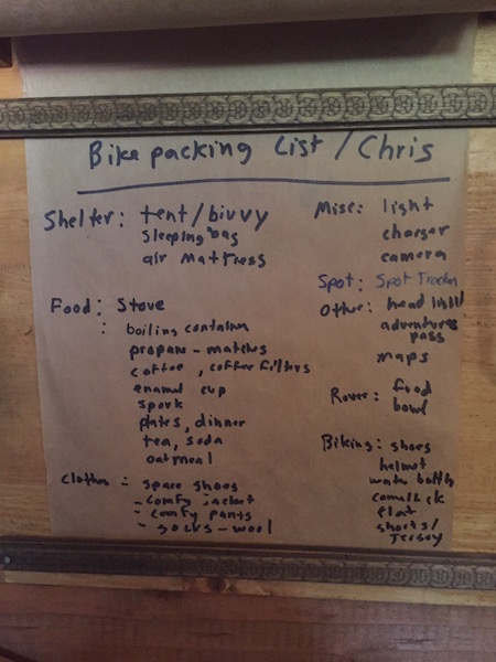 Chris' list of what to bring bikepacking